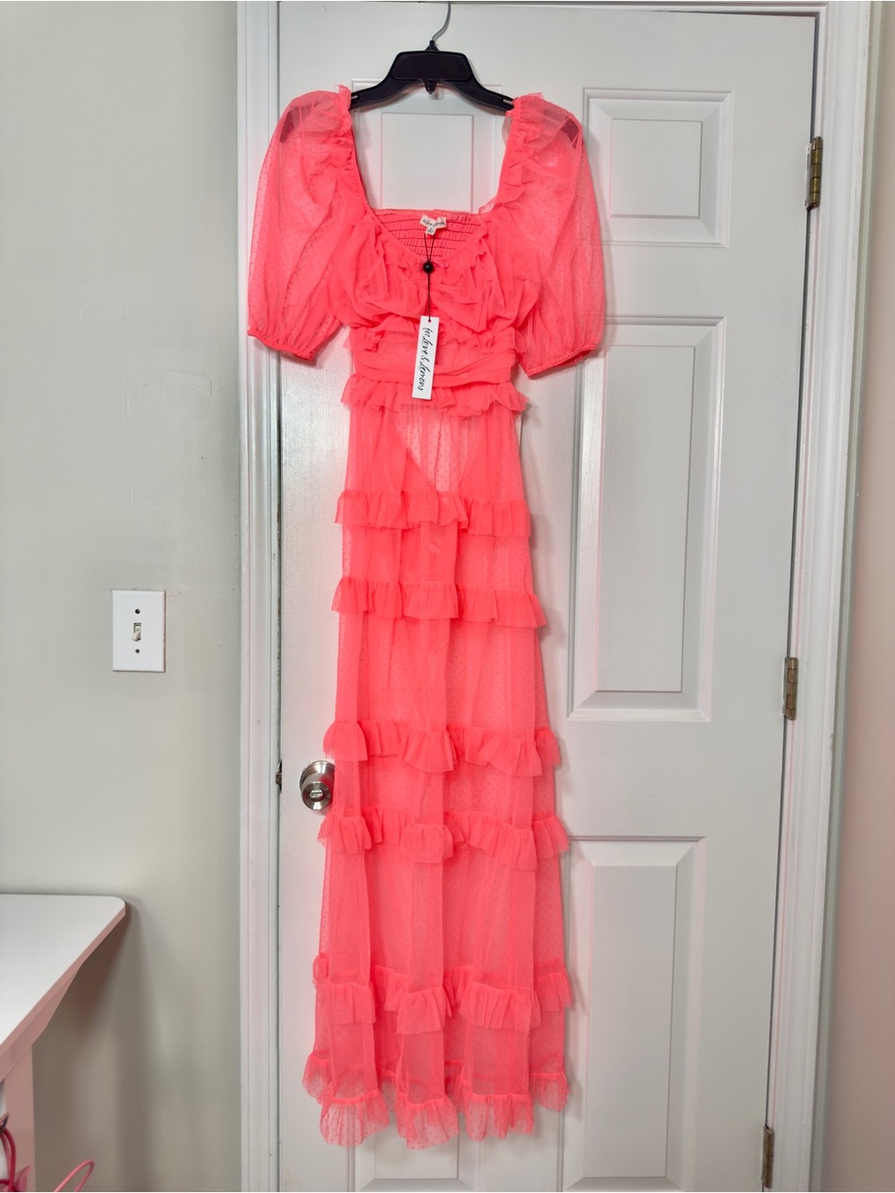 For Love & Lemons Neon Coral Pink Mesh Tiered Ruffle Maxi Dress